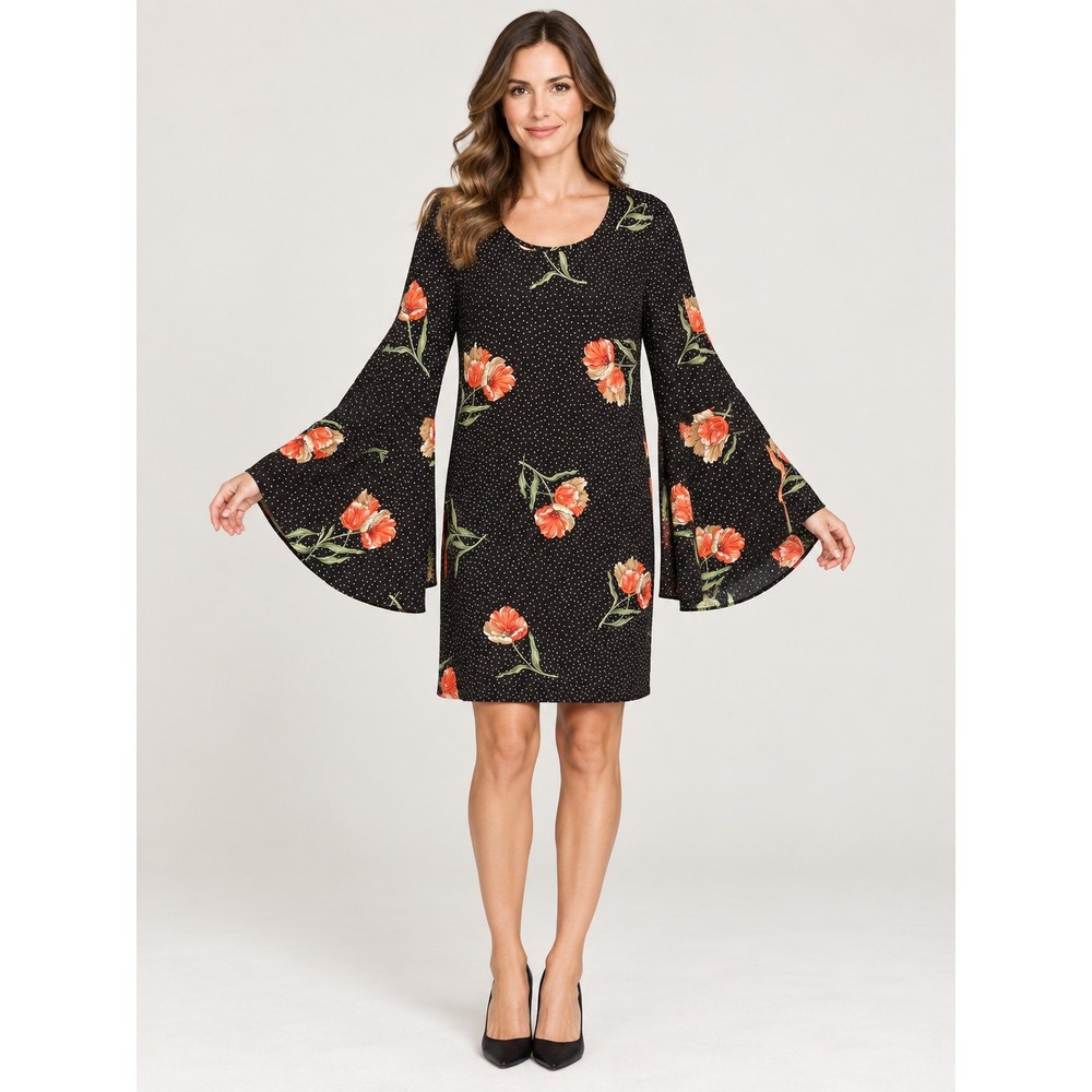 Carmen Marc Valvo Bell Sleeve Dress Women Size M Black Floral Polka Dot Retro